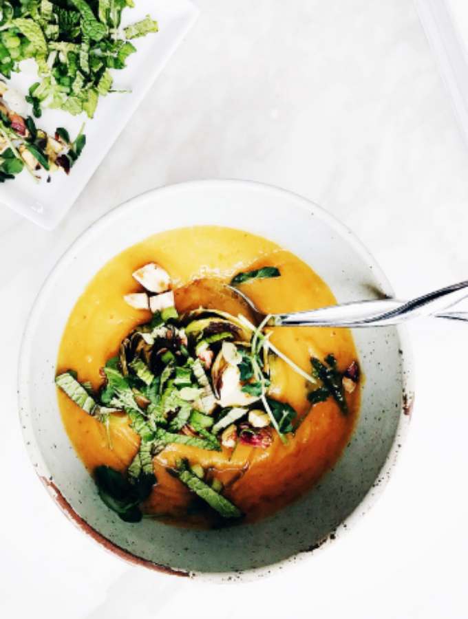 butternut soup with pistachio and kale